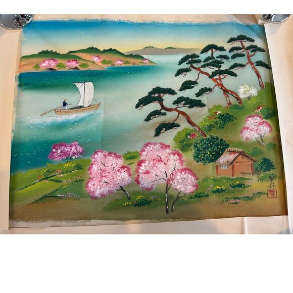 Vintage Japanese Silk Painting Cherry Blossom Landscape Signed Art - Picture 9 of 9